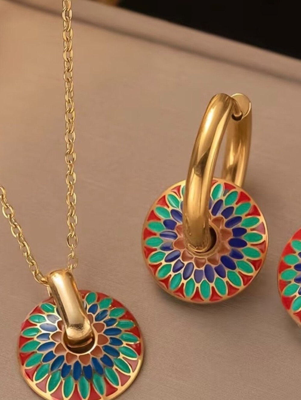 Gold-Tone Multicolor Enamel Floral Hoop Earrings and Pendant Necklace